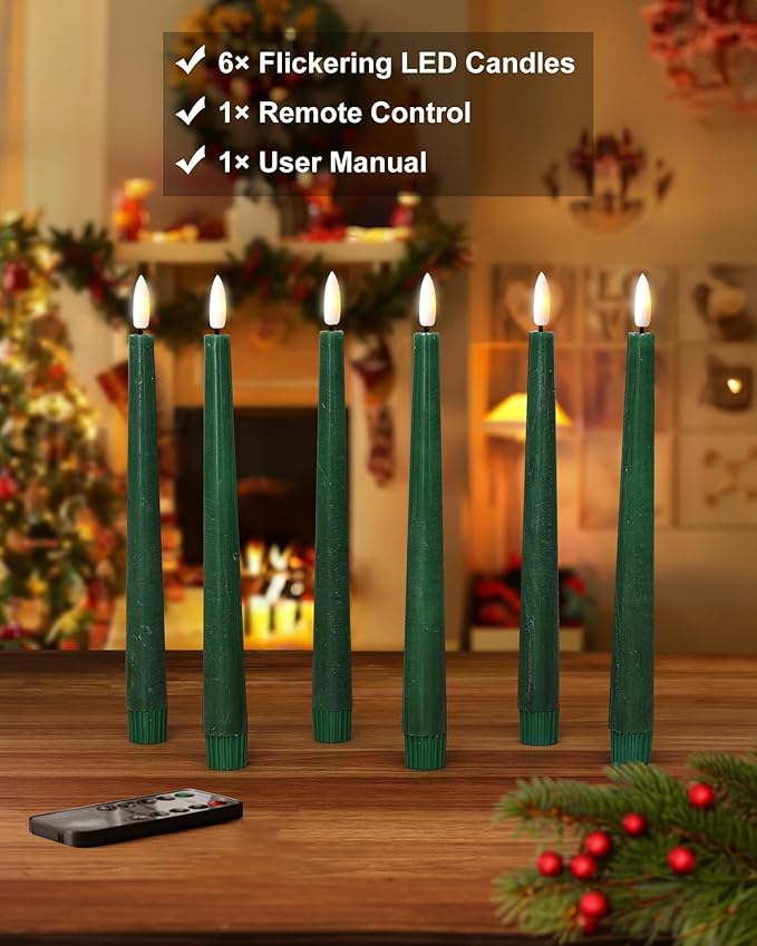 Green Flameless Taper Candles with Remote and Timer, 9.65 Inch Real Wax LED Candlesticks, Dripless Battery Operated Tall Candles with 3D Flickering Flame, 6 Pack