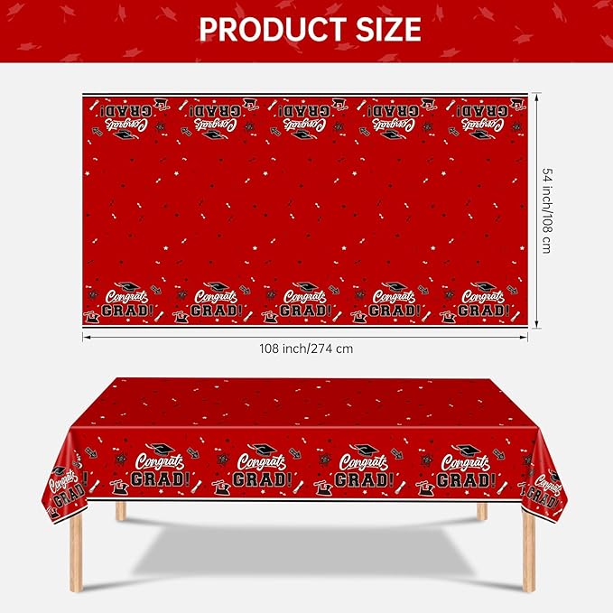 2 Pack Graduation Tablecloth - Congrats Grad Table Cloths, Plastic Disposable Rectangle Red Class of 2026 Table Cover for Graduation Tables Decorations Party Decor Supplies Favors,108 x 54 Inch