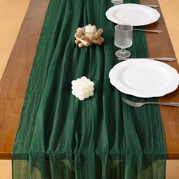 Socomi 6pcs Emerald Green Easter Spring Cheesecloth Table Runner Gauze 120 Inch Rustic Boho Cheese Cloth Runner for Wedding Party Baby Bridal Shower Centerpiece Decoration Holiday Home Decorations