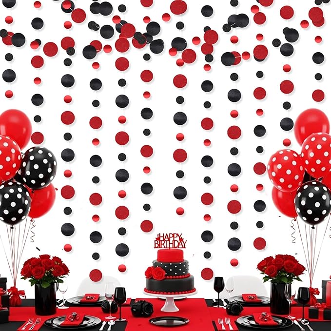 Outus 5 Pieces Black,Red Round Dots Garland Easter Graduation Party Hanging Decor Each Length 13.1ft Glitter Paper Dot Streamers for Birthday Wedding Classroom