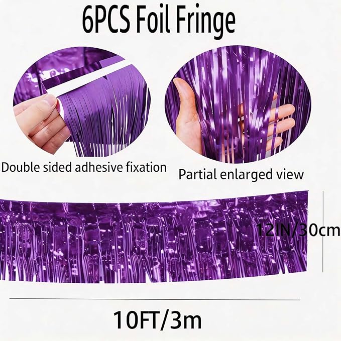Purple Foil Fringe Garland 6Pcs 10 Feet Metallic Tinsel Hanging Curtain Glitter Backdrop Banner for Parade Floats Christmas Wedding Party Decorations