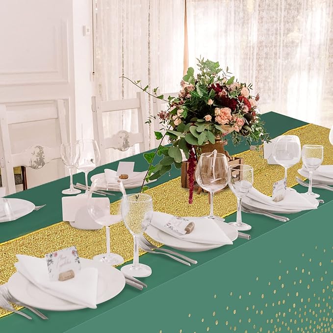 Irenare Tablecloth and Sequin Table Runner Set Polka Dots Confetti Table Cover Dining Plastic Tablecloths Glitter Decorations for Birthday Wedding Anniversary Party Supplies(Green, Gold,2 Pcs)