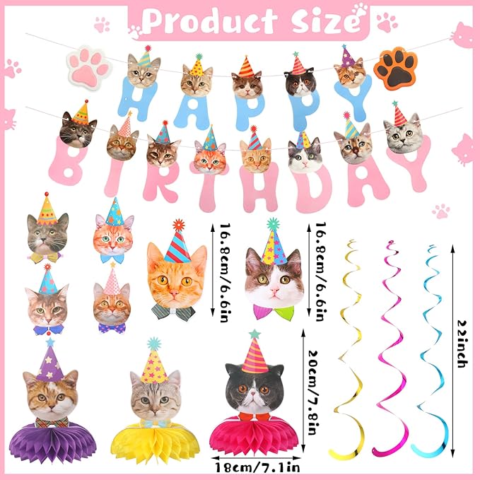 Chinco 16 Pcs Cat Theme Birthday Party Decorations Party Supplies Kit, Includes Cat Party Banner with 6 Hanging Cutouts 6 Hanging Swirl Decor and 3 Birthday Honeycomb Party Decoration(Cute Style)
