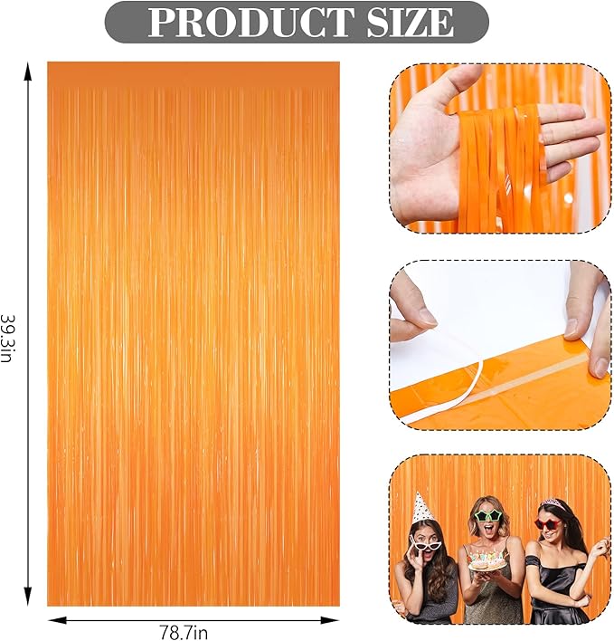 2 Pack Orange Foil Fringe Curtains, 3.3ft x 6.6ft Streamer Foil Curtain, Tinsel Backdrop for Birthday Party, Christmas Decor, Wedding Engagement Baby Shower Bachelorette Party Decorations