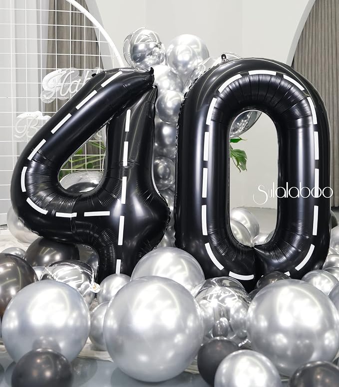 Race Car 40Inch Black 40 Balloon Number Large Helium Race Track 0-9 Giant Digital 40th Foil Mylar Big Party Number Balloons for Boy Birthday Car Theme Party Anniversary Graduation Decorations