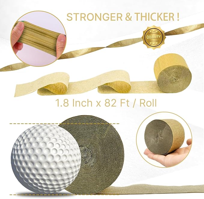 PartyWoo Crepe Paper Streamers 4 Rolls 328ft, Pack of Crepe Paper Pearl Gold Party Streamers, Crepe Paper for Birthday Decorations, Party Decorations, Baby Shower Decorations (1.8 in x 82 Ft/Roll)
