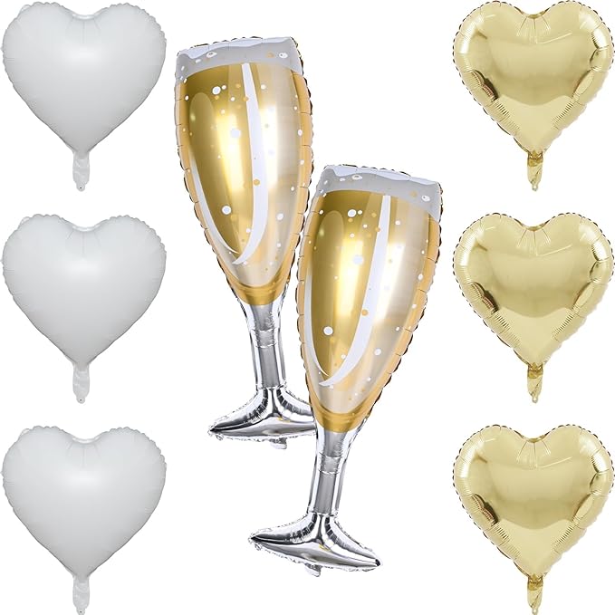 Champagne Balloons, Engagement Party Balloons with Champagne Bottle Glass Foil Mylar Balloon Gold White Heart Shaped Balloon for Wedding Anniversary Bachelorette Birthday Bridal Shower Decorations