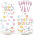 96Pcs Rainbow Birthday Party decorations Smile Face Rainbow Plates and Napkins Pastel Theme Disposable Paper Tableware Set for Colorful Kids Birthday Baby Shower Party Supplies Serves 24