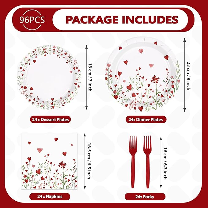 96 Pcs Floral Decorations Disposable Love Heart Flowers Paper Plates and Napkins Watercolor Lovely Flowers Tableware Set for Spring Anniversary Wedding Supplies, Serves 24