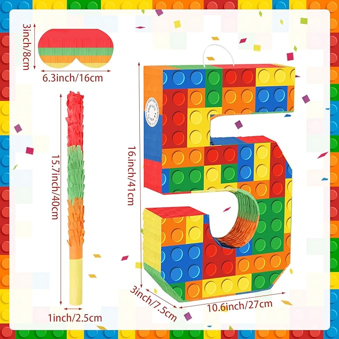 Number 5 Pinata Building Blocks 5th Birthday Party Decorations with Stick Blindfold for Kids Girls Boys Fiesta Carnival Games Happy Birthday Anniversary Celebration Party Supplies