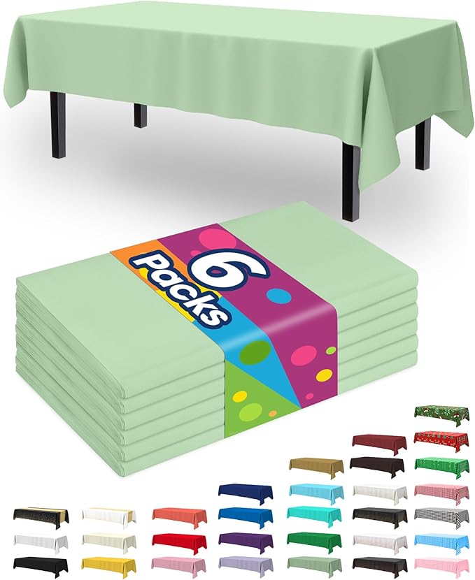 Pureegg Plastic Table Cloth Disposable 6 Pack, 54 x 108 Inch Table Cloths, Easter Party, Decorative Tablecloths, Rectangle, Light, Pastel Plastic Cover, Waterproof, Sage Green