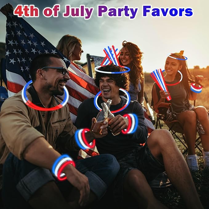 Patriotic Accessories Toys Gifts for Kids ＆ Adults 90 PCS, Red White Blue Glow Sticks Light up Neon Bracelets Necklaces for Parade Throws, Party Favors Supplies Decorations for Labor Veterans Day