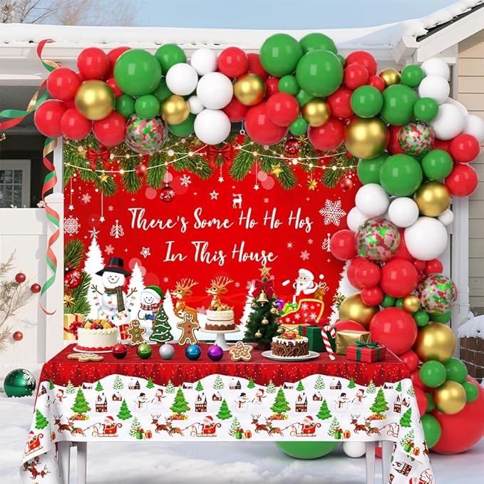 129Pcs There's Some Ho Ho Hos In This House Party Decorations Merry Christmas Balloon Arch Kit Includes Funny Xmas Banner, Xmas Themed Balloons and Tablecloths for Merry Friendsmas Party