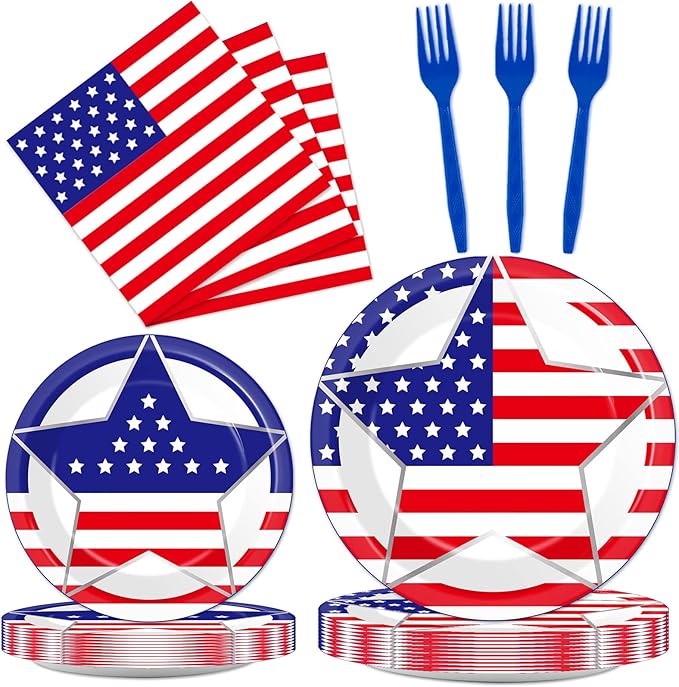96 Pcs 4th of July Party Plates Napkins Tableware Set American Flag Supplies Disposable Dinnerware Patriotic Freedom Stars Party Decoration Favors for Independence Veterans Day Memorial Day, 24 Guest