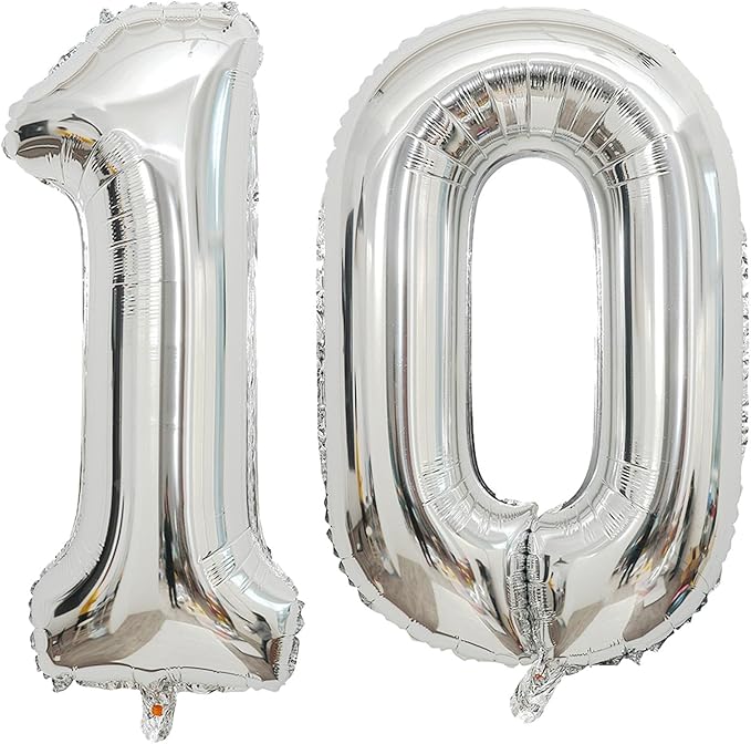 Large Silver 10 Number Balloons, 40 Inch Jumbo Number 10 Balloon, Silver Foil Mylar Balloons for Girl Sweet 10th Birthday Party, Anniversary Decorations