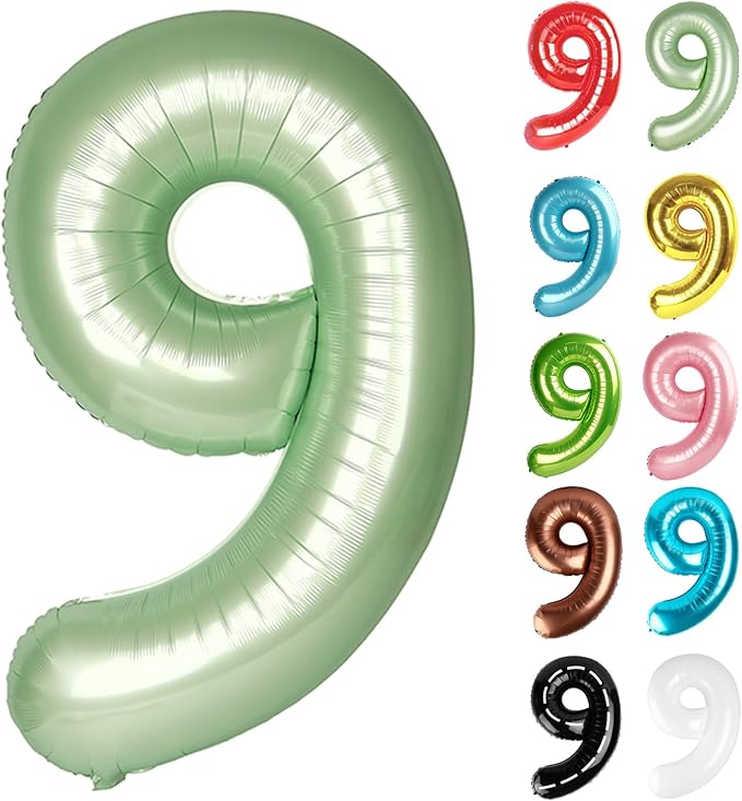 Sage Green Number 9 Balloon 40 Inch, 9 Balloon Number, 9th Birthday Decorations, Oliver Green Party Supplies for Boys Girls