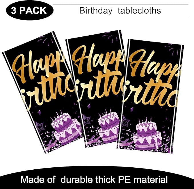 Breling Birthday Party Supplies Confetti Sprinkles Happy Birthday Tablecloths Starry Table Covers for Party Decorations, 54 x 108 Inches(Purple and Black,3 Pack)
