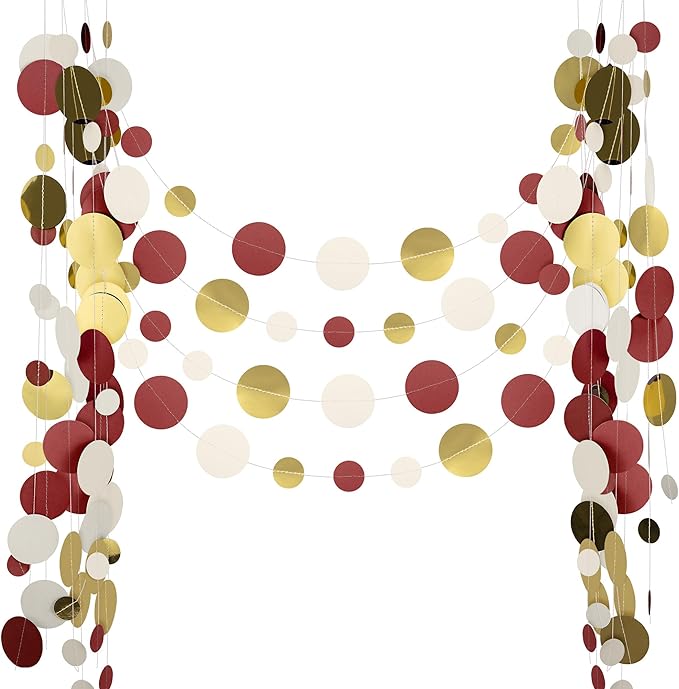 52FT Party Garlands, Paper Garland Circle Dots, Hanging Circle Banner Decorations for Birthday, Party, Wedding, Baby Shower, Graduations, Christmas, Wall Decor (Gold White Red Garlands)