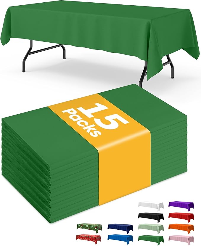 Green Plastic Table Cloth Rectangle Table 15 Pack, 54''×108'' Tablecloth for 6ft Tables, Table Cloth for Disposable Use, Table Cover for Holiday Party, Gathering