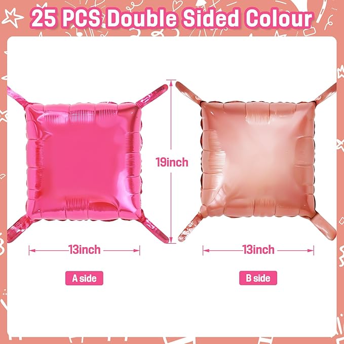 Hot Pink Rose Gold Square Foil Balloons Wall, 25PCS Double Sided Chrome Deep Pink Rose Balloons Tunnel Arch Kit Backdrop for Girls Birthday Party Bridal Shower Wedding Engagements Decorations