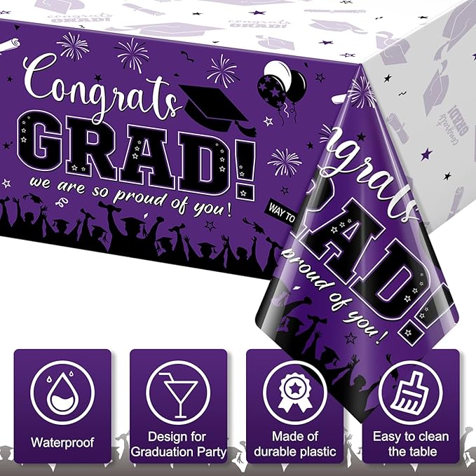 3 Pack Graduation Tablecloth Party Decorations, Class of 2026 Congrats Grad Plastic Tablecover Party Supplies, Purple Rectangle Graduation Table Decorations for College High School Party, 54 x 108Inch