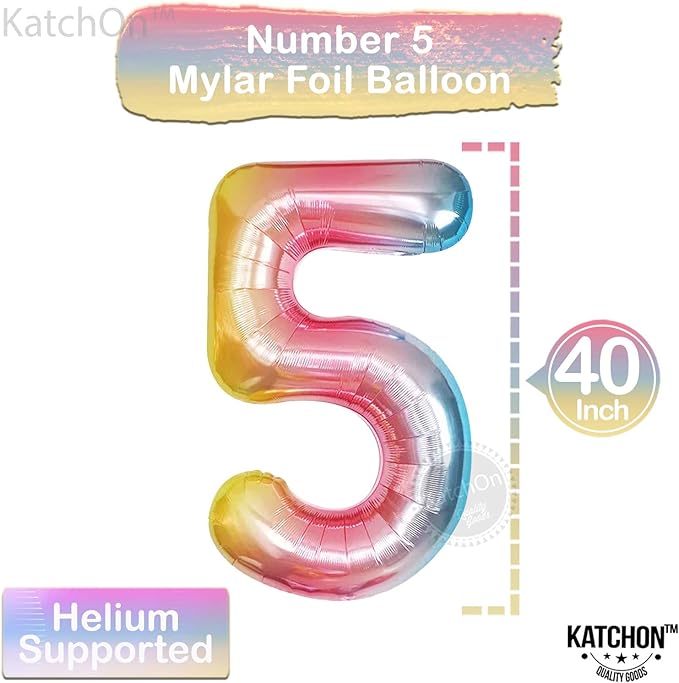 KatchOn Giant Rainbow Number 5 Balloon - 40 Inch | 5th Birthday Decoration, Unicorn Party Décor