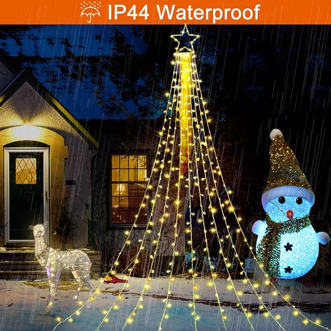 Christmas Decoration Lights, Outdoor Christmas String Lights 320 LED 11.5 Ft Waterfall Tree Light with Big Star Topper 8 Light Modes for Xmas New Year Holiday Garden Yard Indoor Outdoor Decor