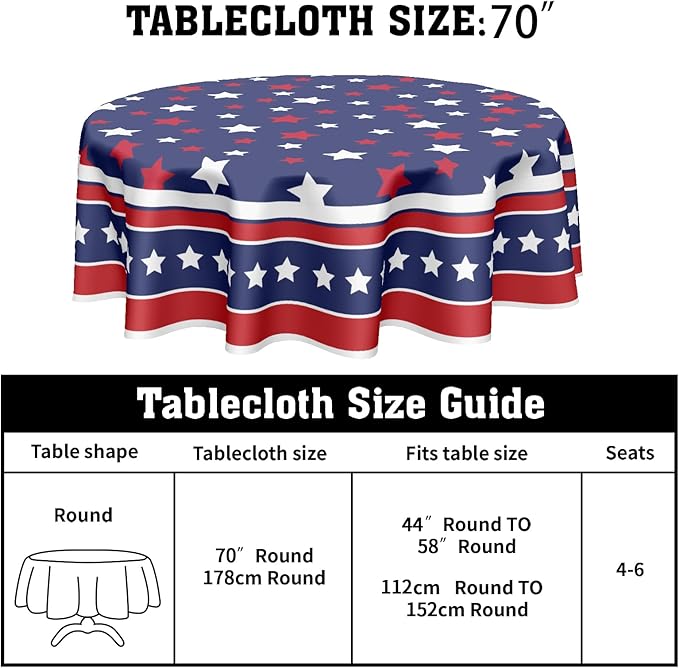 4th of July Tablecloth Round 70 Inch Patriotic Independence Day American Flag Table Cloth Washable Navy Blue Memorial Day Table Cover for Kitchen Dinner Room Holiday Picnic Party Indoor Outdoor Decor