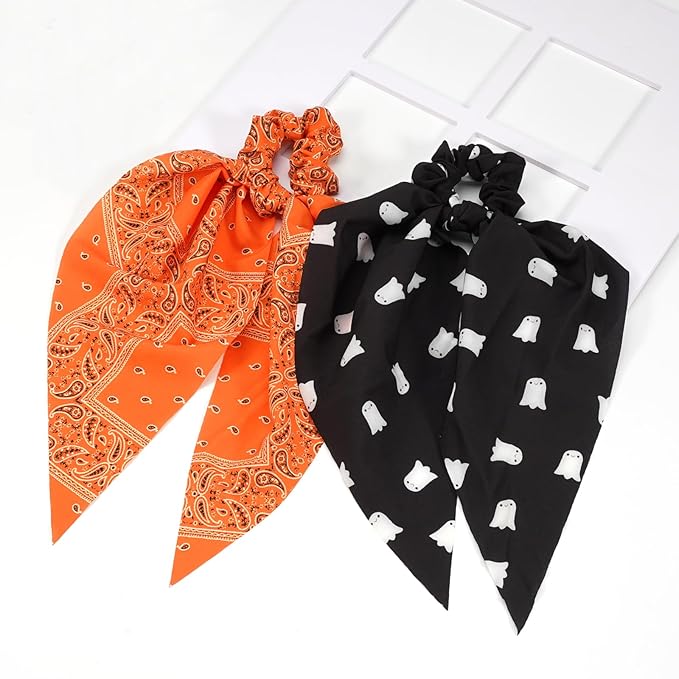 Halloween Hair Ties for Woman Girls Fall Orange Bandana Hair Scrunchies Spooky Ghost Elastic Ribbon Bow Hair Tie Autumn Halloween Party Supplies Hair Accessories 2PCS
