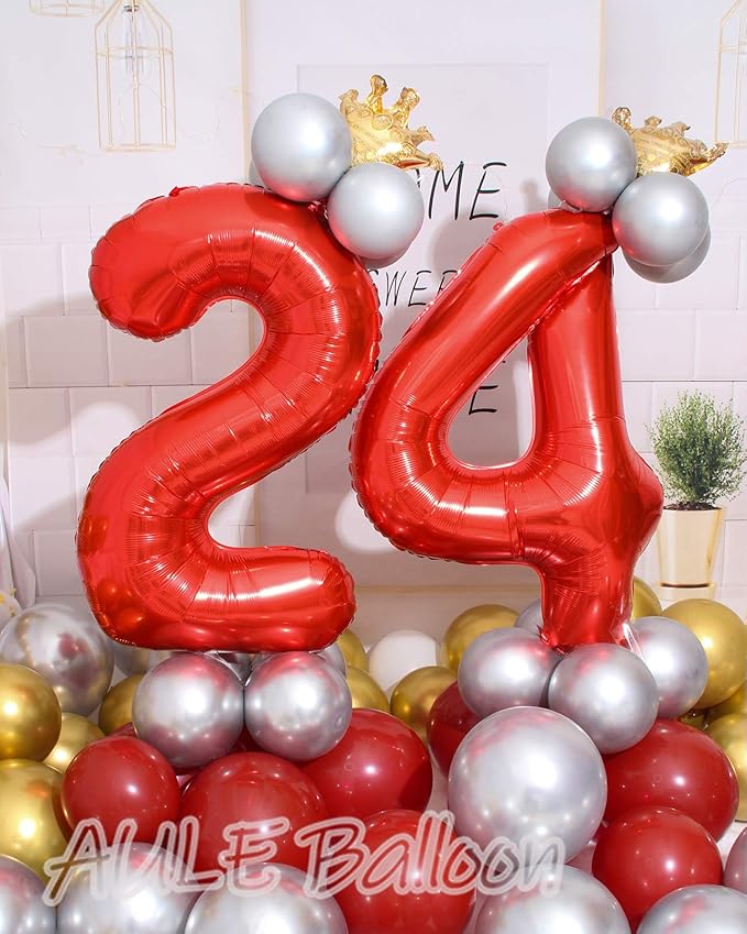 AULE 40 Inch Big Red Foil 24 Number Balloons for Women Large 24th Happy Birthday Decorations Giant Huge Helium Mylar 42 Anniversary Party Decor