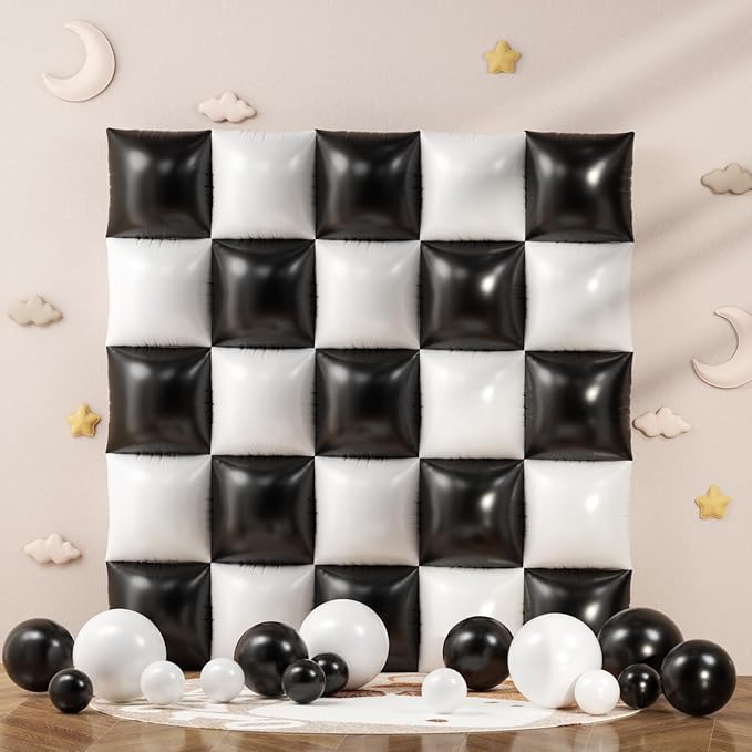 Black and White Checkered Square Foil Balloons Backdrop Wall, Double Sided Tunnel with Black White Balloon Arch Garland Kit for Checkerboard Racing Themed Celebration Graduation Party Decorations