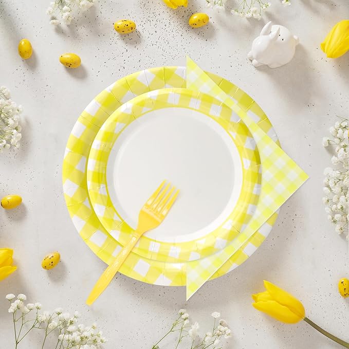 168PCS Party Plates, Scalloped Gingham Paper Plates and Cups and Napkins Sets Party Supplies for Birthday Wedding Bridal Shower Baby Shower Picnic, Serve for 24 Guests (Yellow Gingham)