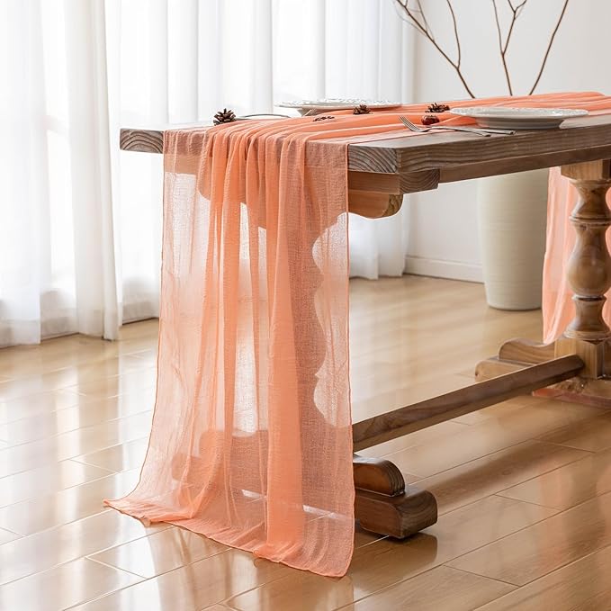 Keketoarrange Fresh Salmon Easter Spring Cheesecloth Table Runner Valentines Decor Peach Echo Gauze 120 Inch 10 FT Boho Table Runner for Wedding Baby Shower Bridal Shower Party Sheer Home Decorations