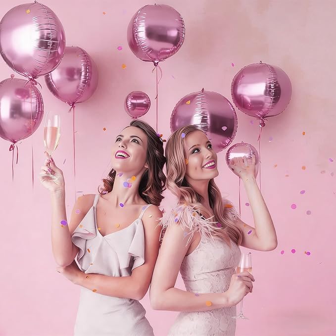 12PCS Pearl Pink Round Foil Balloons, 22" 15" 10" Large 4D Ball Balloons Metallic Pink Mirror Sphere Balloon for Graduation Valentines Day Wedding Women Girls Birthday Party Ceiling Decorations