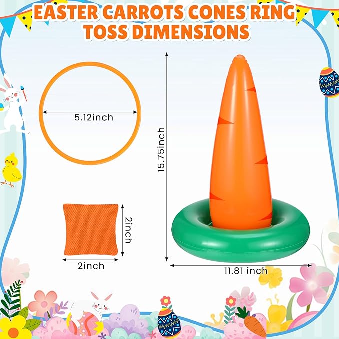 Easter Carrots Inflatable Ring Toss Game for Adults Family, Indoor Outdoor Party Easter Game Party Decorations Cute Fun with 6 Cones 12 Rings 12 Bean Bags 1 Air Pump