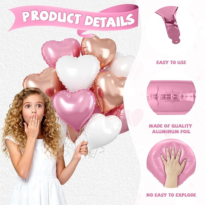 Rose Gold Heart Balloons, 10 Pcs Light Pink Heart Shaped Balloon, 18 Inch Rose Gold and White Foil Balloons Helium for Girls Women Brithday Bridal Baby Shower Wedding Valentines Party Decorations