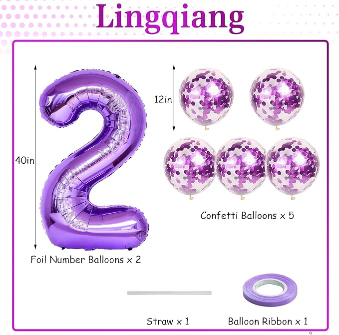 Purple Birthday Balloon Number 12, 40 Inch Big Foil Mylar Number 1 and 2 Balloons with Purple Confetti Latex Helium Balloons for Girls Women 12th 21st Birthday Anniversary Party Decorations Supplies