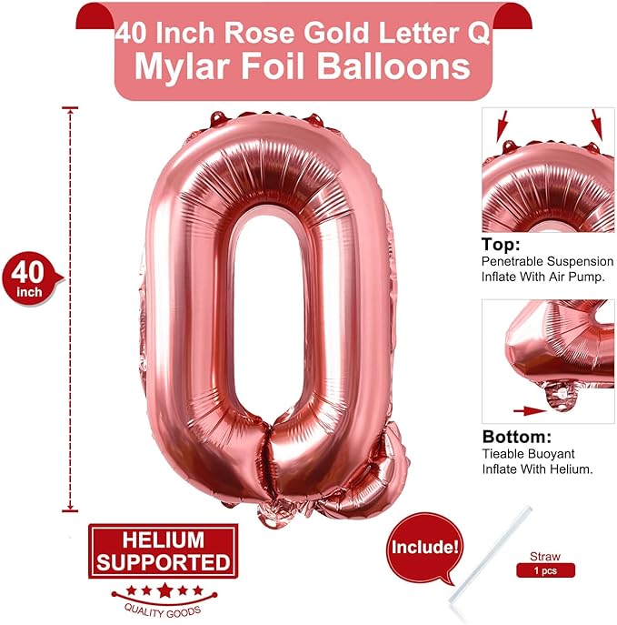 Lovoir 40 Inch Large Rose Gold Letter Q Balloons Big Size Jumbo Mylar Foil Helium Balloon for Birthday Party Celebration Decorations Alphabet Rose Gold Q
