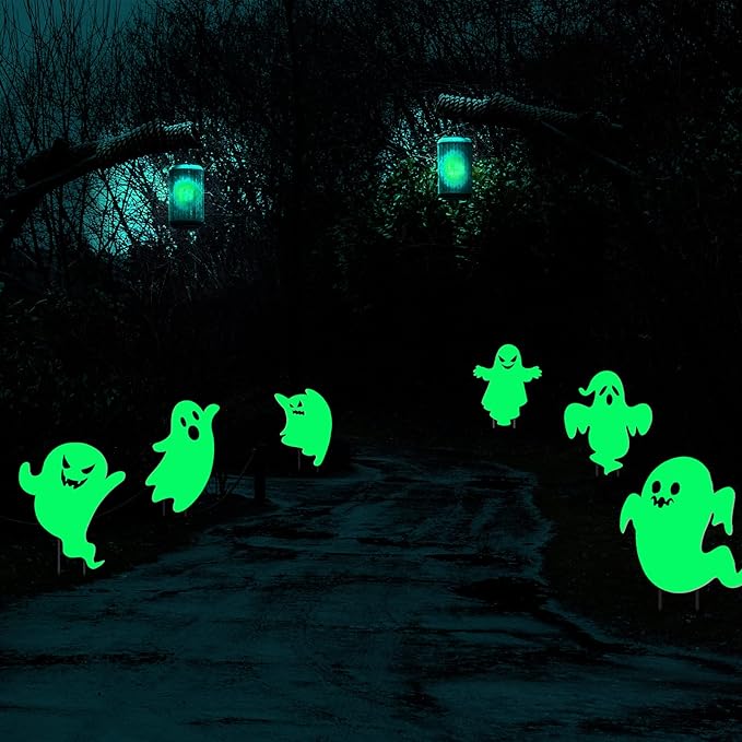 6 Pcs Halloween Yard Stake Glow in The Dark Ghost Lawn Stakes with Green Fluorescent Layer - Scary Lawn Decorations for Outdoor Garden Patio Yard