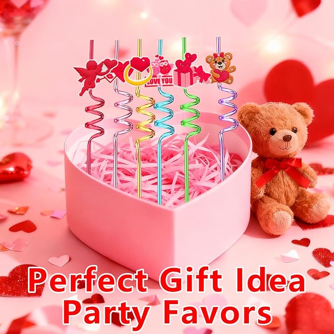 Valentine’s-Day-Engagement-Wedding-Bachelorette-Party-Decoration-Supplies-Crazy-Straws-24PCS Reusable Party Drinking Straws for Valentine V-DAY Party Favors Bridal Shower Decor Bride to Be Gift