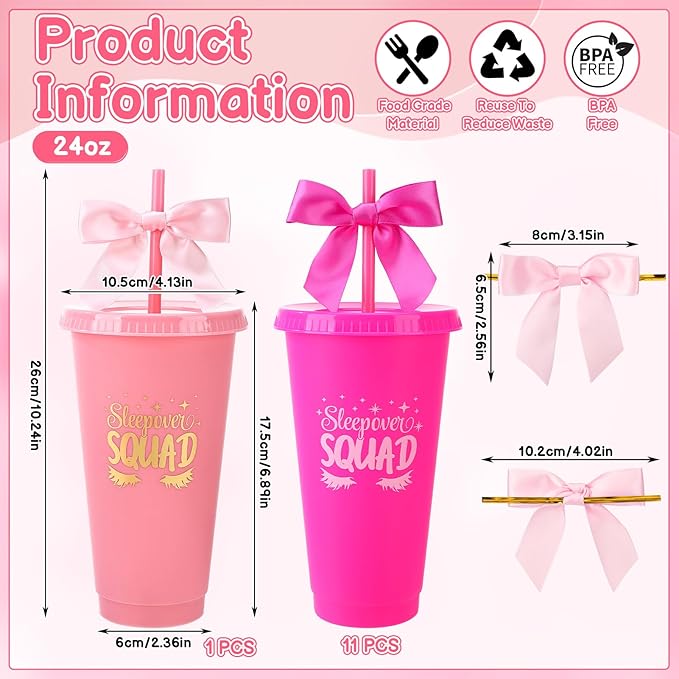 12 Pcs Sleepover Party Cups with Lids Straws and Bows 24 oz Plastic Coffee Tumbler for Spa Birthday Sleepover Party Supplies Girls