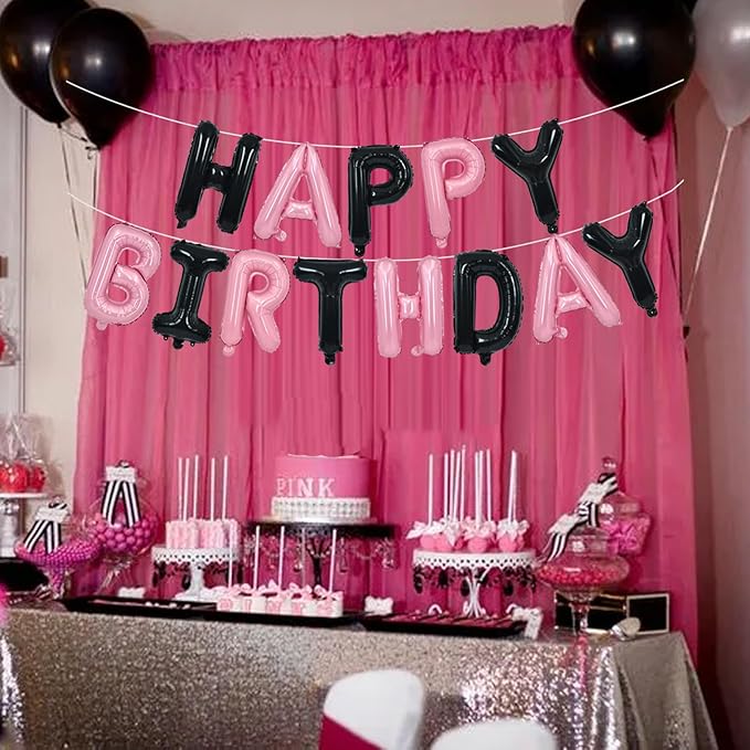 TONIFUL Happy Birthday Balloons Banner 16 Inch Mylar Foil Letters Birthday Sign Reusable for Girls Boys Kids & Adults Birthday Party Decorations Supplies（Black Pink）