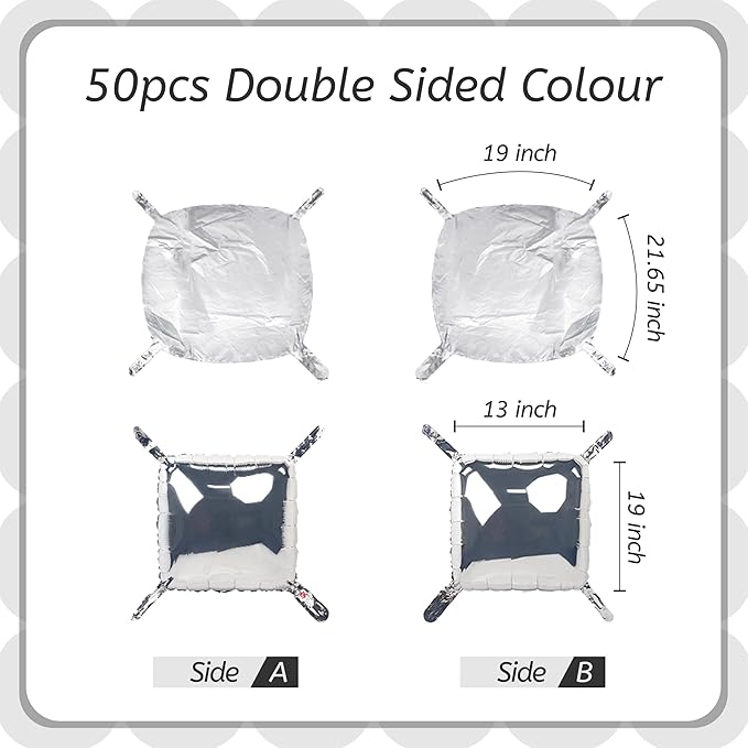 50PCS Metallic Silver Square Foil Balloon Wall,19'' Reusable DIY Mylar Double Silver Balloons Garland Tunnel Arch Kit for Baby Shower Anniversary Bachelorette Birthday Engagement Bridal Decor ﻿