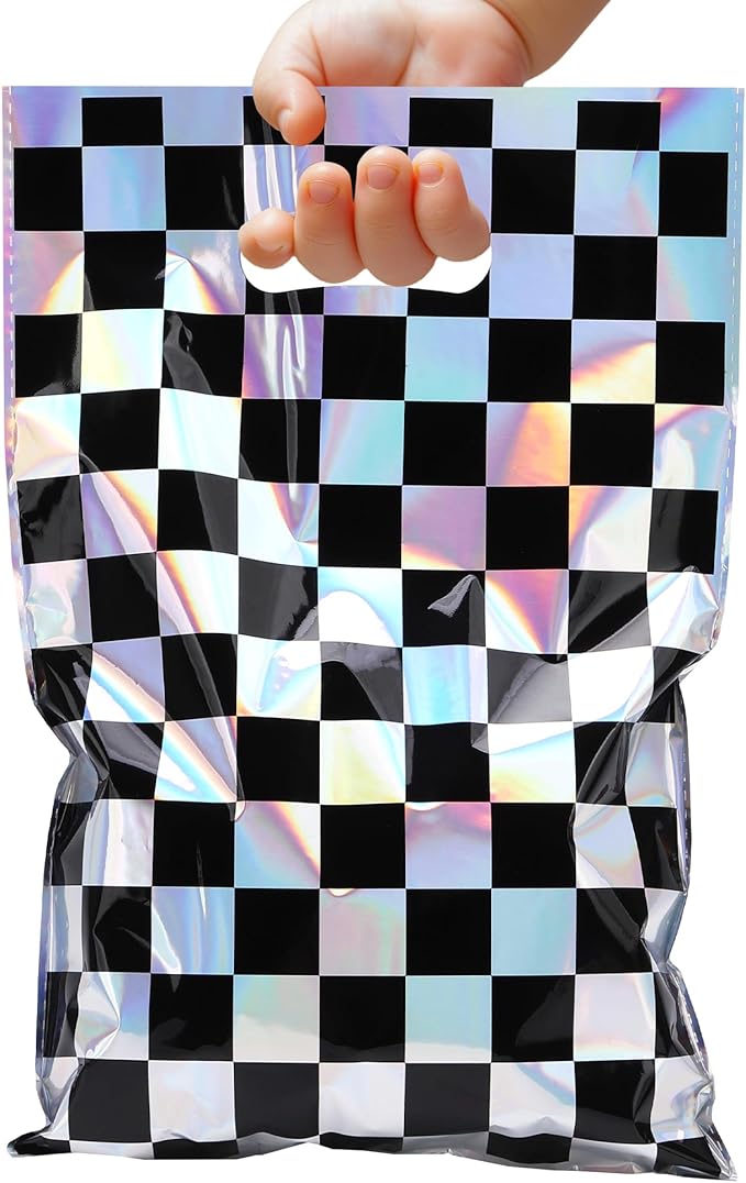 Mikzhskr 30Pcs Race Car Party Favors Bag Black and White Iridescent Laser Checkered Candy Bags Soccer Theme Goodie Bags with Handles for Kids Race Car Birthday Party Supplies