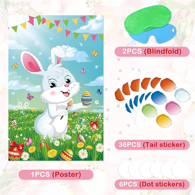 Pin The Tail on The Bunny Easter Games for Kids Easter Party Games Birthday Party Happy Easter Party Decoration Supplies Easter Egg Hunt Activities, Large Bunny Game Poster with 36 Tail Stickers