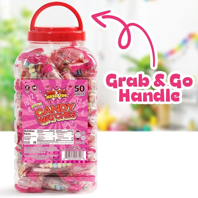 50 Candy Watches Party Favors for Kids - Bulk 50 Count of Pink Individually Wrapped Candy Bracelets with Colorful Fruit Flavor - Stretchable, Edible, Fruity Flavor Rainbow Candies for Party Favor Supplies
