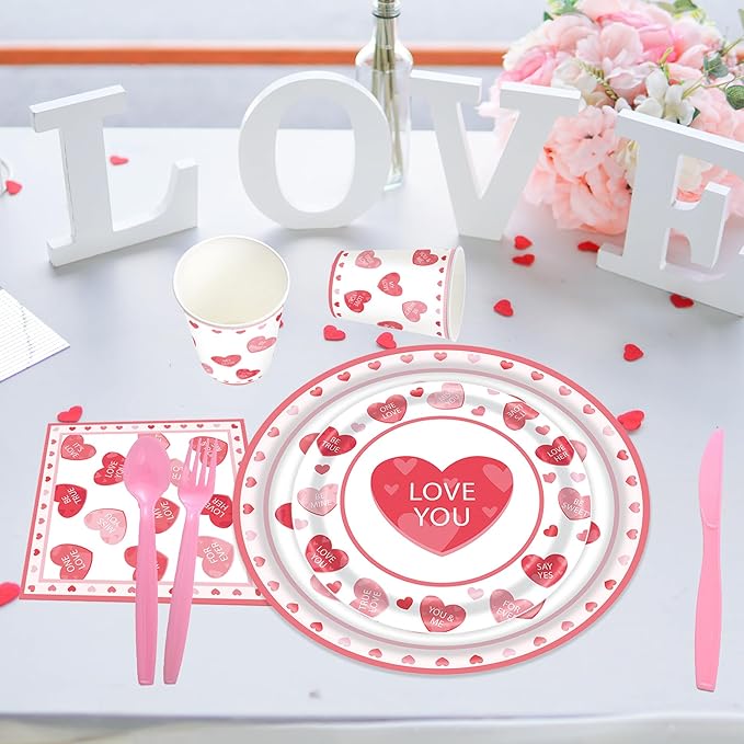 168Pcs Valentines Paper Plates and Napkins,Valentine's Day Party Supplies Pink Heart Paper Plates Napkins Cups Dinnerware for Galentines Party Decorations,Serves 24