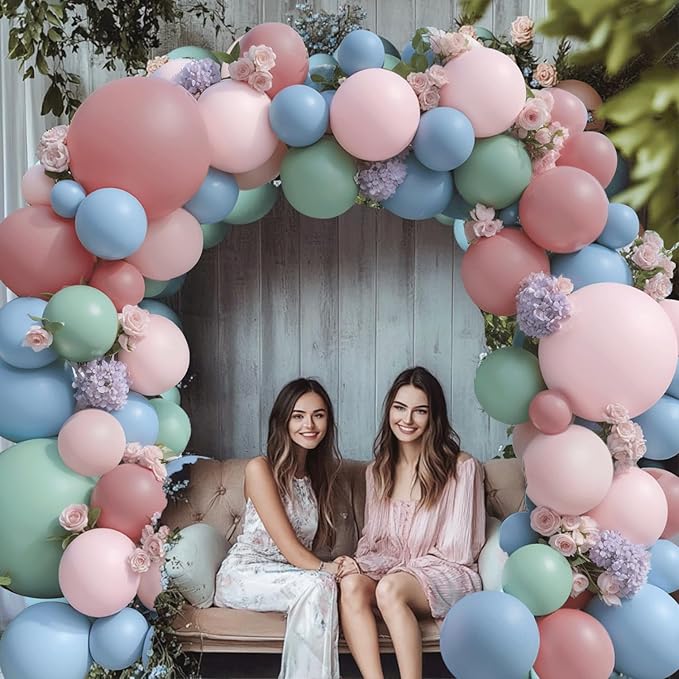 Pink Blue Green Balloons Garland Kit, Double Stuffed Dusty Green Light Blue Blush Dusty Pink Mauve Pastel Balloon Arch Kit for Birthday Gender Reveal Fairy Floral Easter Party Decor