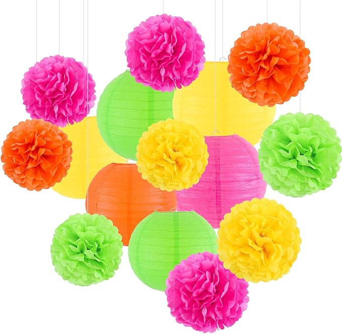 zilue Glow in the Dark Party Supplies, Paper Lanterns and Pom Poms Flowers for Birthday Party Baby Shower Wedding Shower Decor Pack of 15 Pieces
