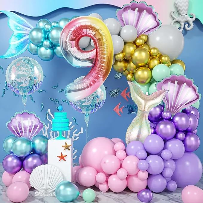 Mermaid Birthday Decorations Mermaid Balloons - Number 9 Balloons for Girls Under The Sea Mermaid Theme Baby Shower Birthday Favors